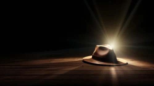 Mysterious Wooden Stage with Spotlight and Fedora Hat