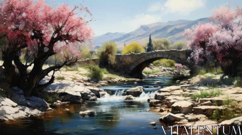 AI ART Tranquil Nature Painting: Stone Bridge Over River in Valley