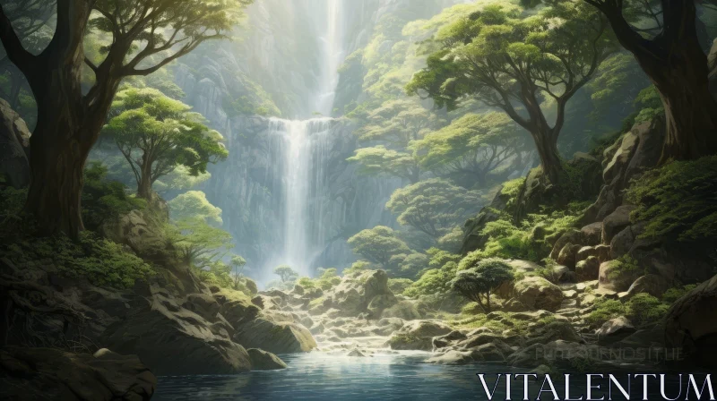 AI ART Tranquil Waterfall Landscape in Lush Forest