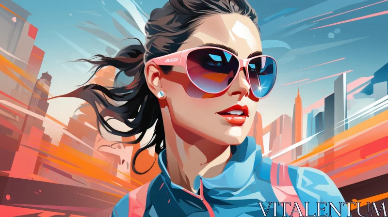 Young Woman Vector Illustration with City Skyline Background AI Image