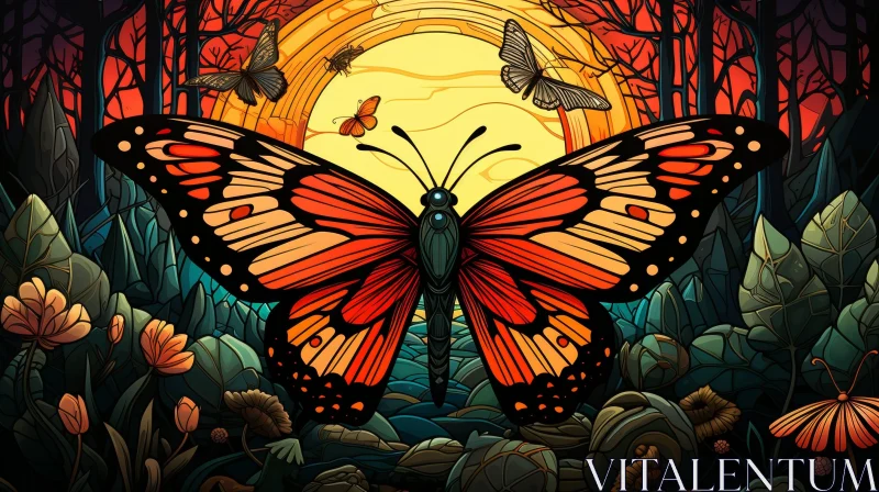 Detailed Butterfly Illustration in Forest Sunset AI Image