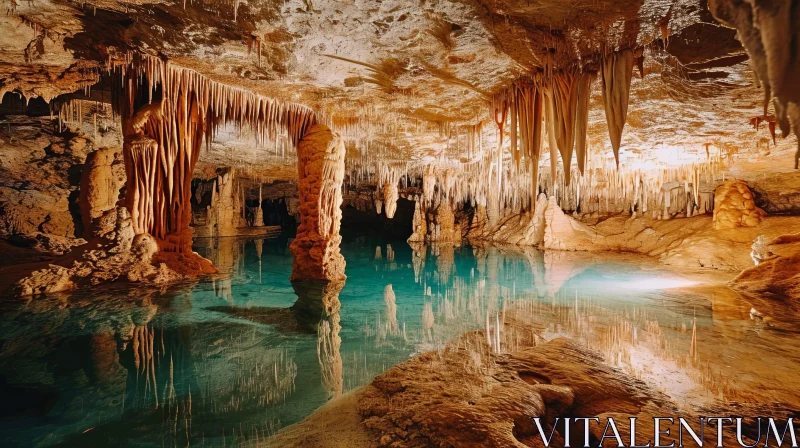 Enchanting Cave with Blue Lake and Stalactites AI Image