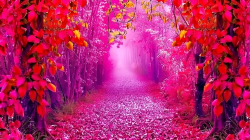 Enchanting Forest Pathway in Pink Mist