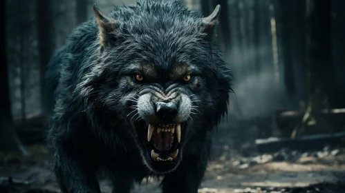 Menacing Black Wolf in Dark Forest - Close-up Nature Shot