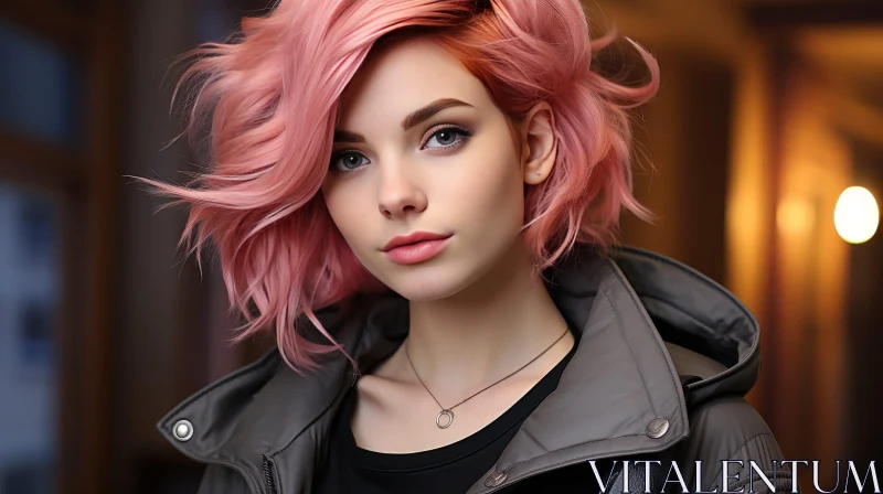 AI ART Serious Young Woman with Pink Hair - Studio Portrait
