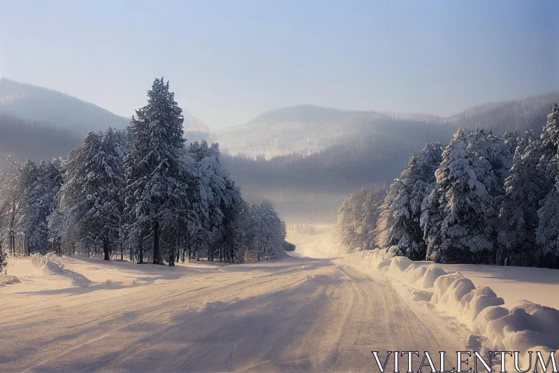 Winter Road and Forest Landscape | Soft Mist | Intricate Landscapes AI Image