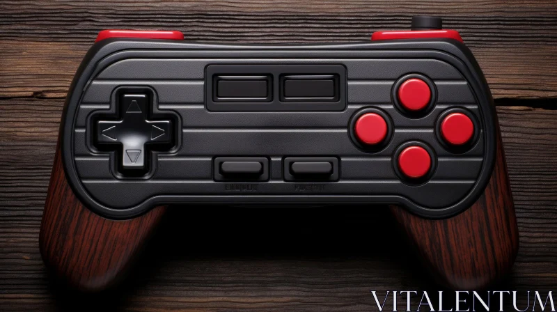 Black and Red Gamepad on Wooden Background AI Image