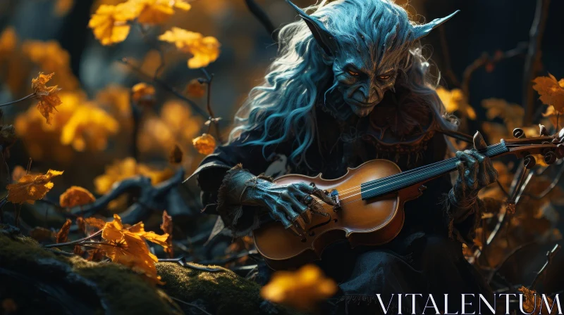 Enigmatic Goblin Playing Violin in Dark Forest AI Image