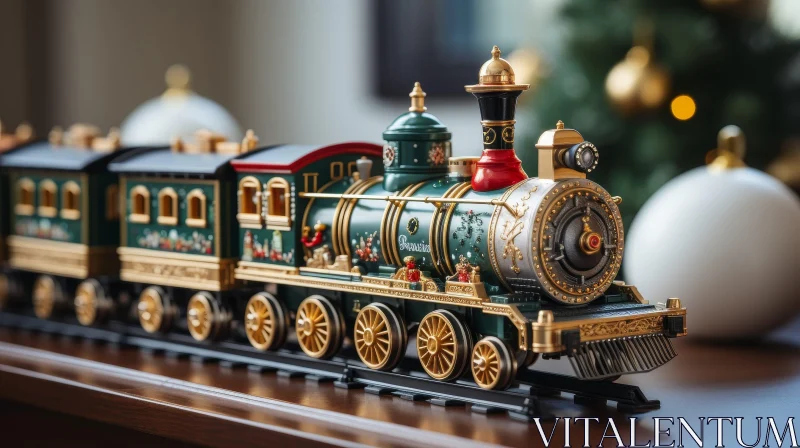 Festive Toy Train on Wooden Table - Christmas Scene AI Image