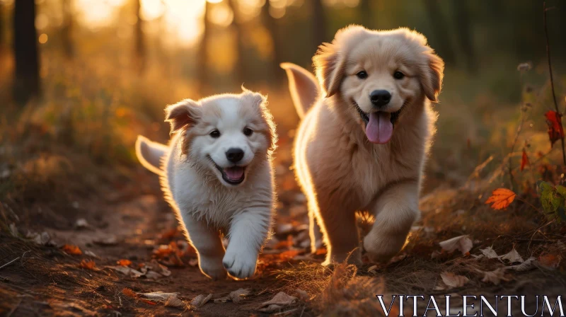 Joyful Golden Retriever Puppies Running in Forest at Sunset AI Image