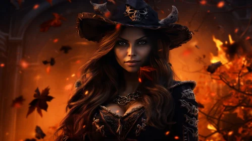 Powerful Witch in Fiery Autumn Scene