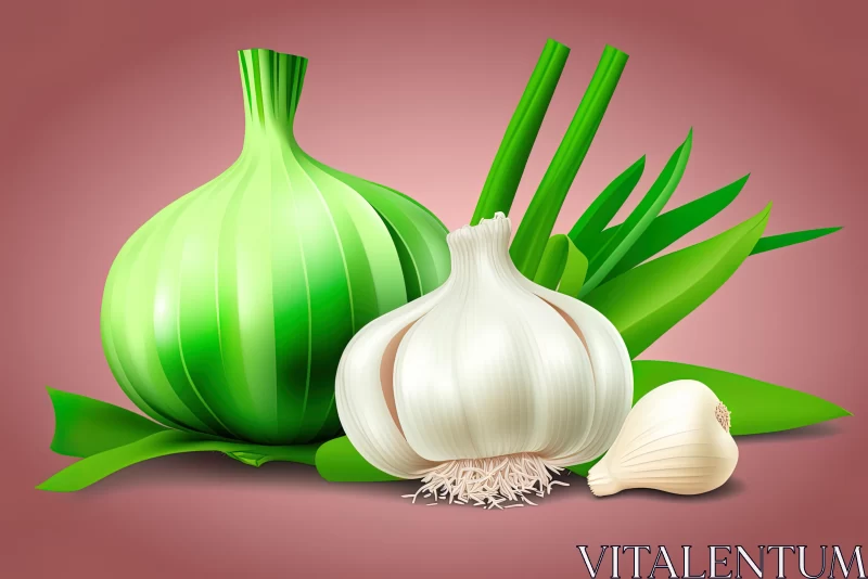 Realistic Garlic and Green Leaves on Pink | Hyper-Detailed Rendering AI Image