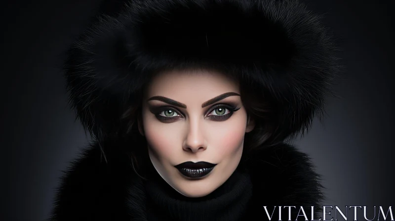 Serious Young Woman in Fur Hat and Black Turtleneck AI Image