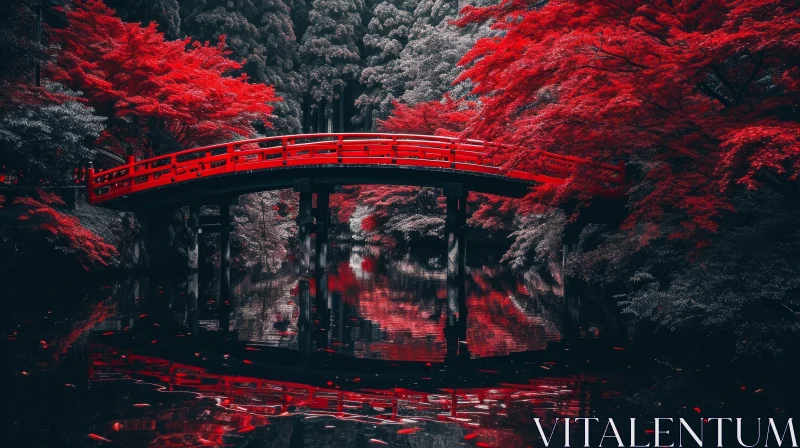 AI ART Tranquil Nature Scene: Red Bridge in Forest Over River