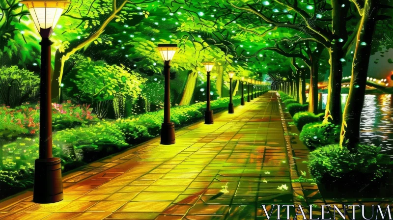 AI ART Tranquil Park Path with Trees and Flowers