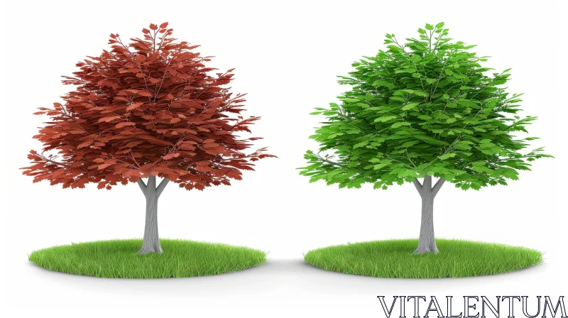 Unique 3D Rendering of Contrasting Trees on Grass AI Image