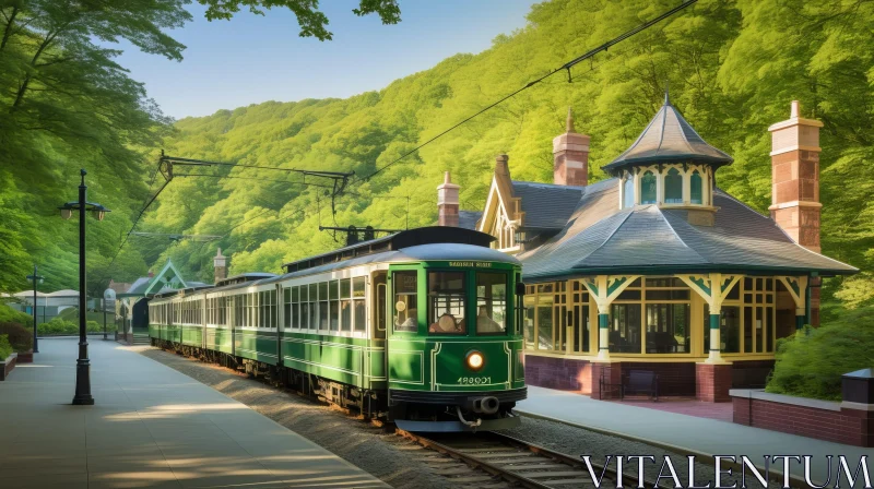 Vintage Tram Arrival at Wood Station with Mountain View AI Image