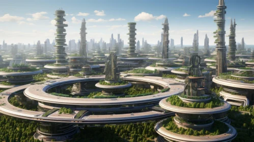 Futuristic Cityscape with Rings and Bridges
