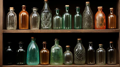 Glass Bottles on Wooden Shelves: Unique Shapes and Colors