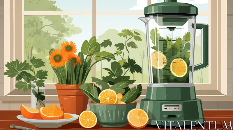 Kitchen Counter Window View with Blender and Oranges AI Image