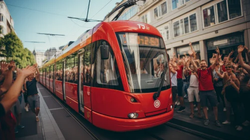 Red and White Modern Tram on City Street