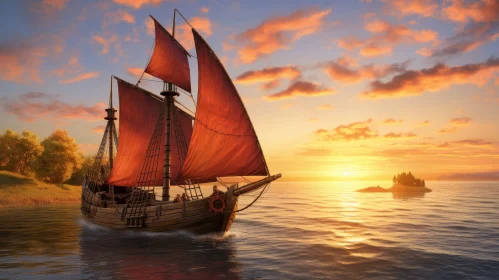 Red-Sailed Ship Sailing on Calm Sea at Sunset
