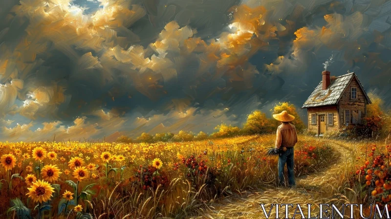 Serene Farmer in Sunflower Field Painting AI Image