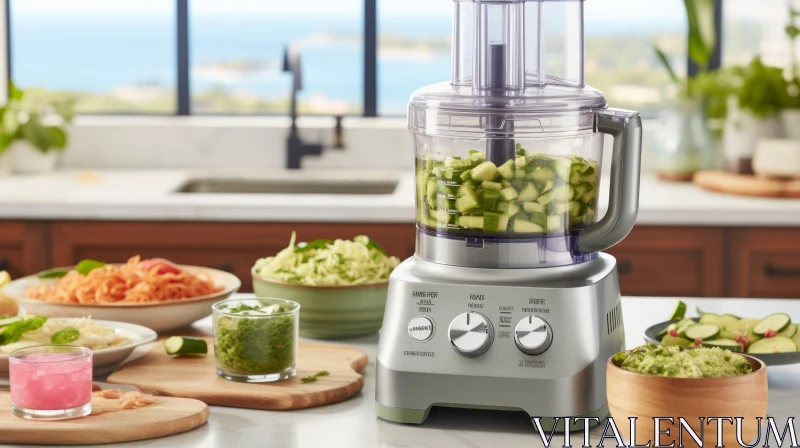 Silver Food Processor on Kitchen Counter with Fresh Ingredients AI Image