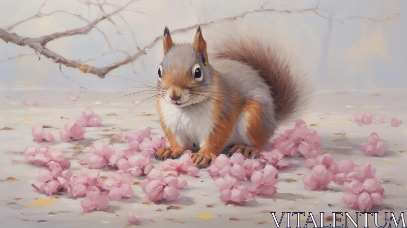 AI ART Squirrel on Branch with Pink Flowers Painting