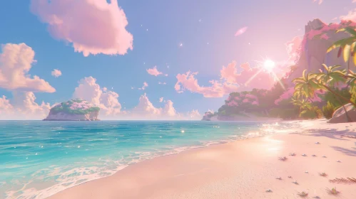 Tranquil Beach Sunset with Pink Sky and Islands