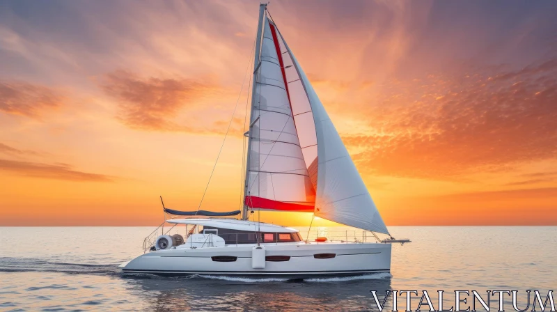 Tranquil Sunset Sailing Catamaran on Calm Sea AI Image
