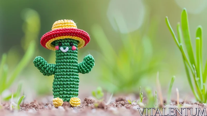 AI ART Unique Green Knitted Cactus Toy with Sombrero