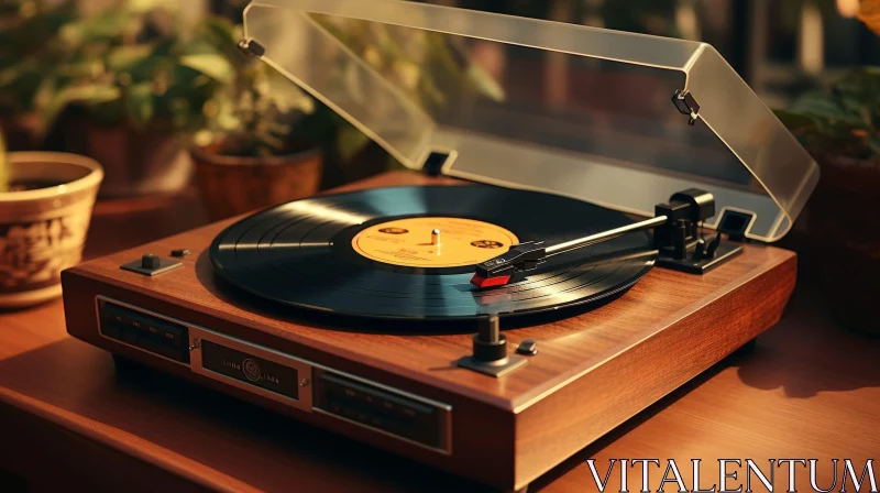 Vintage Turntable Record Player on Wooden Table AI Image
