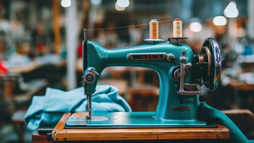 Vintage Turquoise Sewing Machine on Wooden Table