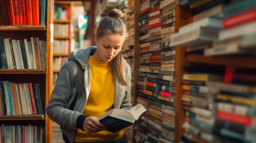 Young Woman Reading Book in Warmly Lit Library