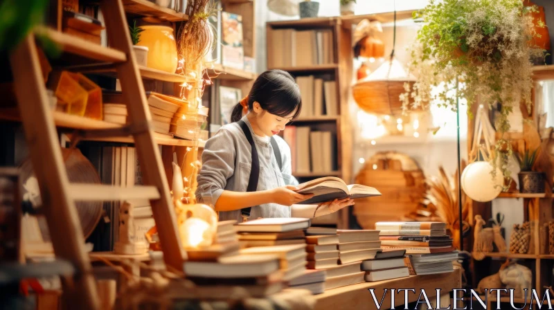 Young Woman Reading in Cozy Library AI Image