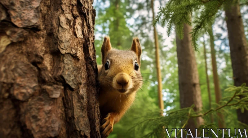 Curious Squirrel Peeking Behind Tree Trunk AI Image