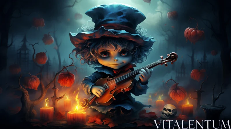 Eerie Digital Painting of Young Boy in Dark Forest Playing Violin AI Image
