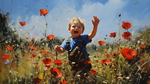 Joyful Boy in Red Poppies Field