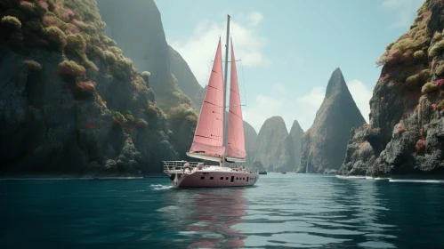 Majestic Pink Sailboat Gliding Through Rocky Shores