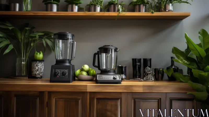 Modern Kitchen with Blenders, Apples, Glasses, and Plants AI Image