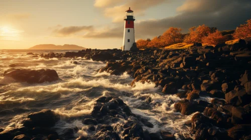 Serene Sunset: White Lighthouse on Rocky Island