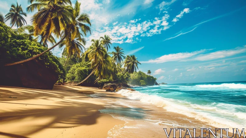 Tranquil Beach Scene with Palm Trees and Blue Water AI Image
