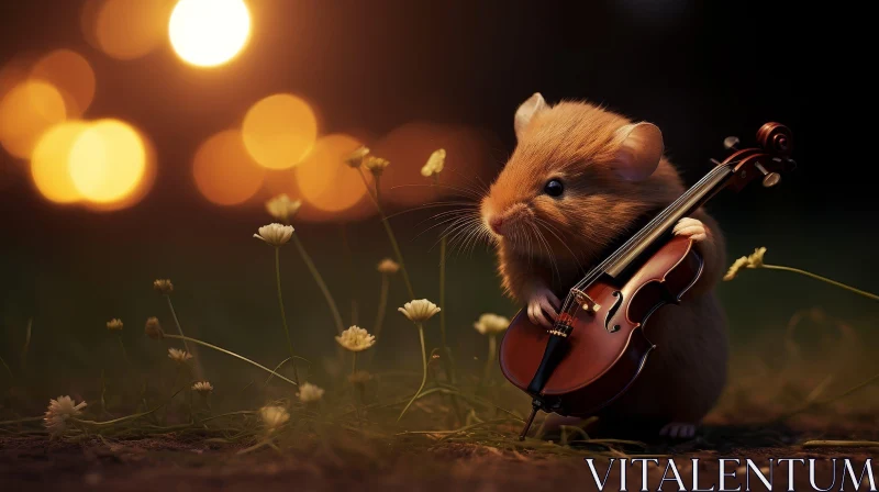 Brown Mouse Playing Violin in Flower Field AI Image