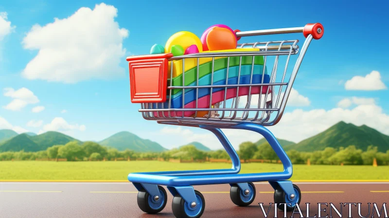 AI ART Colorful 3D Rendering of Shopping Cart on Asphalt Road with Rainbow
