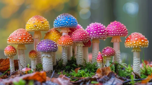 Colorful Mushroom Group in Green Moss