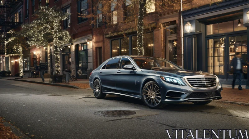 Luxury Car Parked on City Street at Night - Mercedes-Benz S-Class AI Image