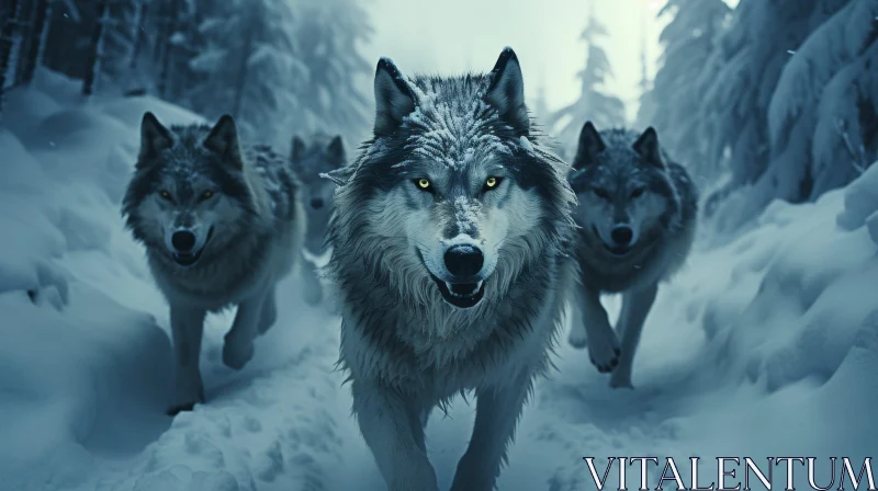 AI ART Majestic Wolves in Snowy Forest: A Thrilling Pursuit