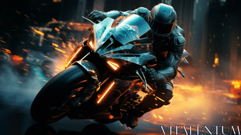 Man Riding Motorcycle in City Flames AI Image