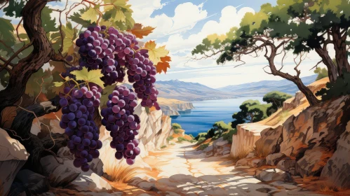 Serene Coastal Landscape with Grapevine and Mountains